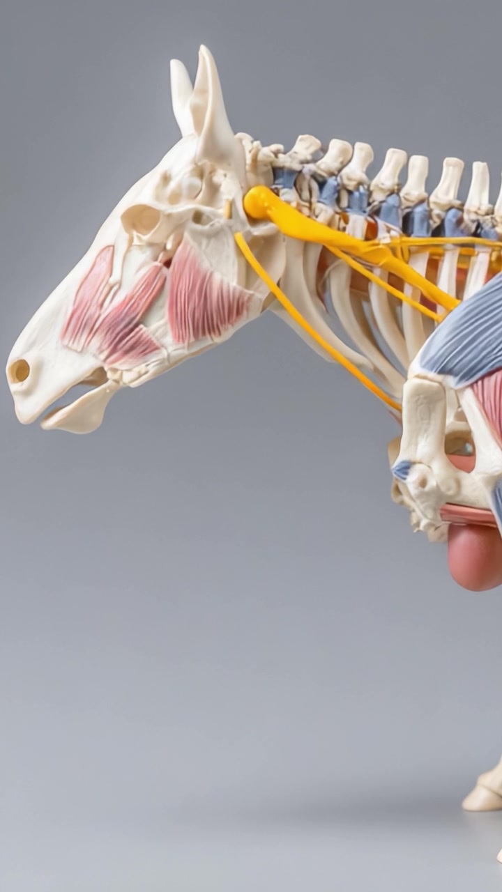 Modello anatomico dettagliato di un cavallo che evidenzia la struttura muscoloscheletrica e le vie del sistema nervoso per scopi educativi in scienza veterinaria.