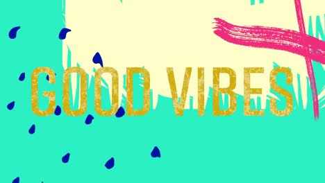 animación de texto de buenas vibraciones sobre formas en fondo verde