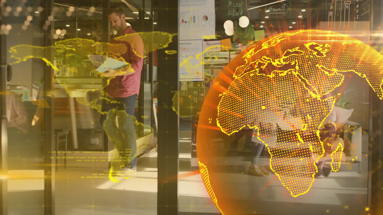 현대 사무실에서 일하는 비즈니스 사람들 위의 글로벌 네트워크 애니메이션