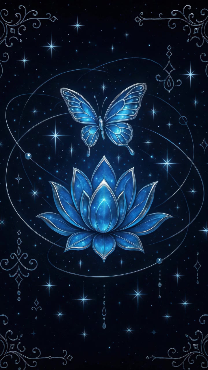Fiore di loto blu luminoso e farfalla nel cielo notturno magico