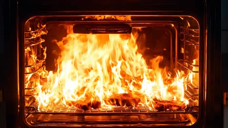 a fire burns in an oven with a piece of bread in it