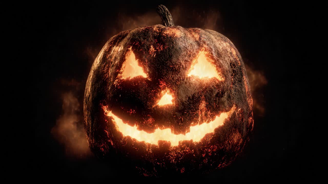 Una zucca di Halloween luminosa irradia una luce inquietante su uno sfondo scuro, caratterizzata da un classico volto intagliato che emana un misto di gioia e spettralità