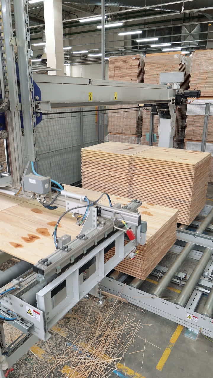 Industrial equipment for the production of laminate. Several stages of floor production. Vertical video