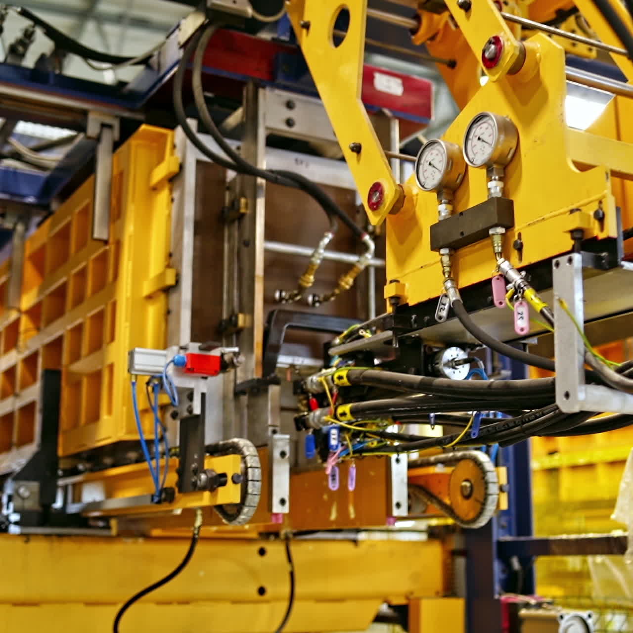 Modern equipment inside the factory. Automatic machinery on upgraded plant. Manufacturing indoors.