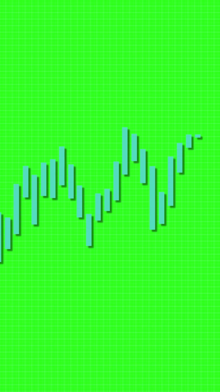 Grafico a barre blu che oscilla dinamicamente su uno sfondo verde brillante, illustrando le tendenze finanziarie con transizioni fluide e movimento ritmico.