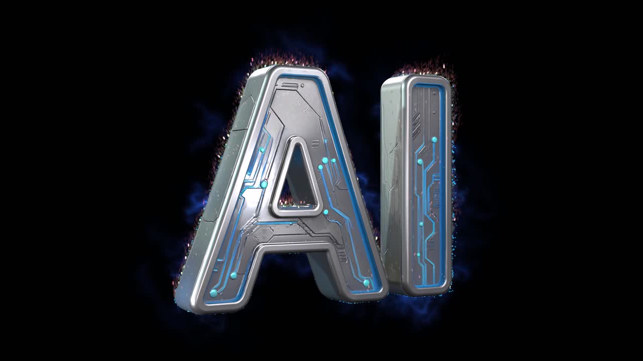 Futuristisk 3D AI-tekstlogodesign 01 med metalliske bogstaver, glødende kredsløbsdetaljer, elektriske energieffekter og omgivet af en blå aura og partikelgnister på en mørk baggrund