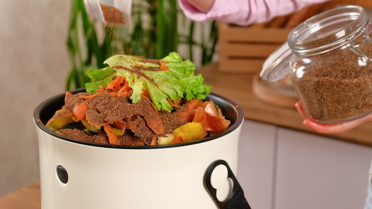 Woman recycling organic waste by pouring Bokashi bran on the vegetable peels. in the kitchen
