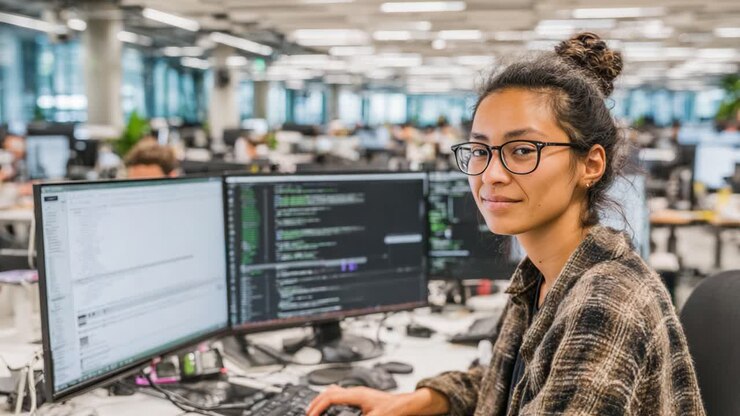 Ung kvinde med briller arbejder ved et skrivebord omgivet af flere computerskærme og et travlt kontormiljø, fokuseret på kodning og teknologi opgaver