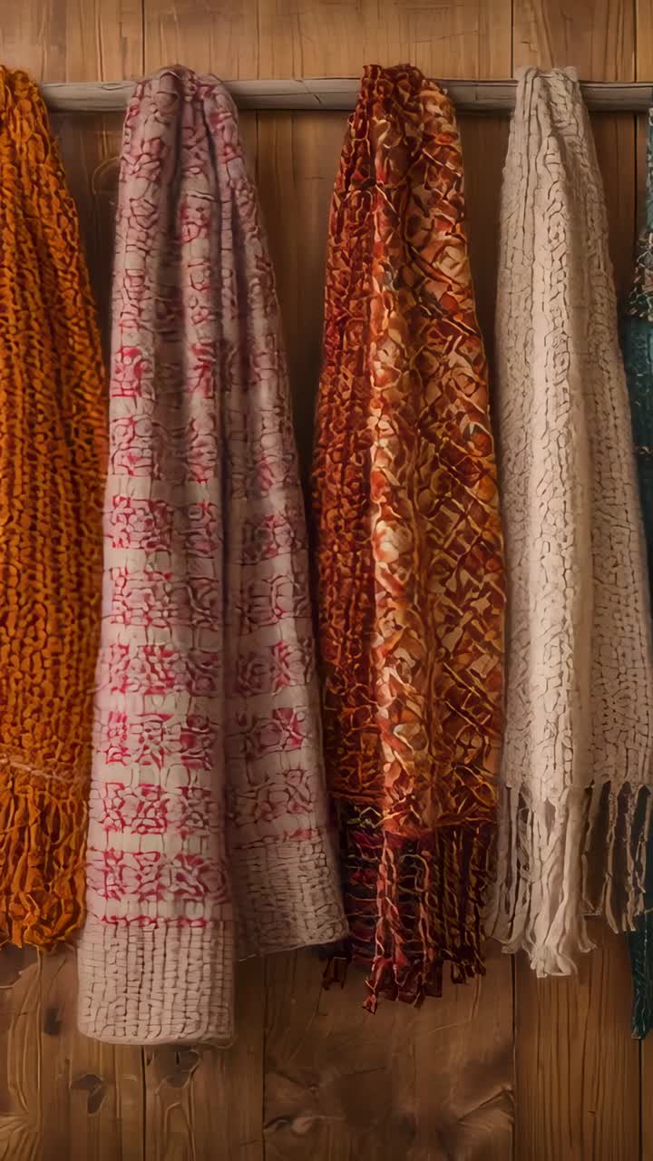 Vertical video: Panning camera revealing scarves on wooden rod in shop display, showing collection