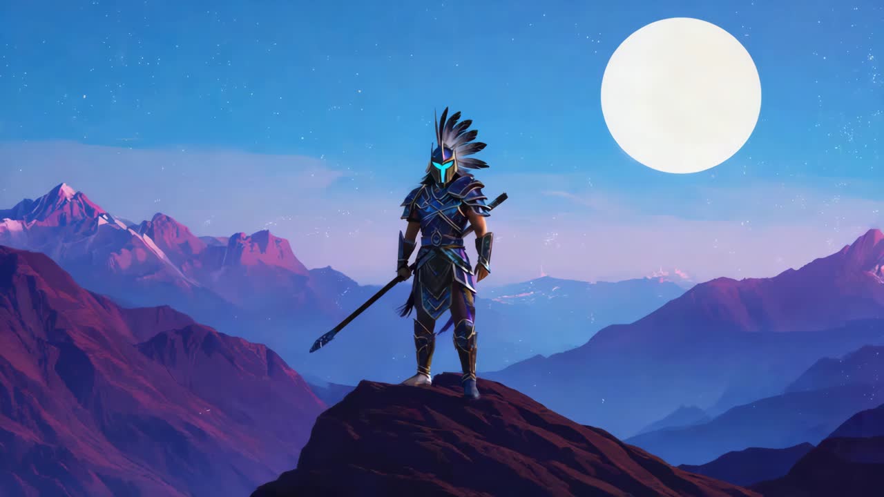 Fantasy Warrior Standing on a Mountain at Night