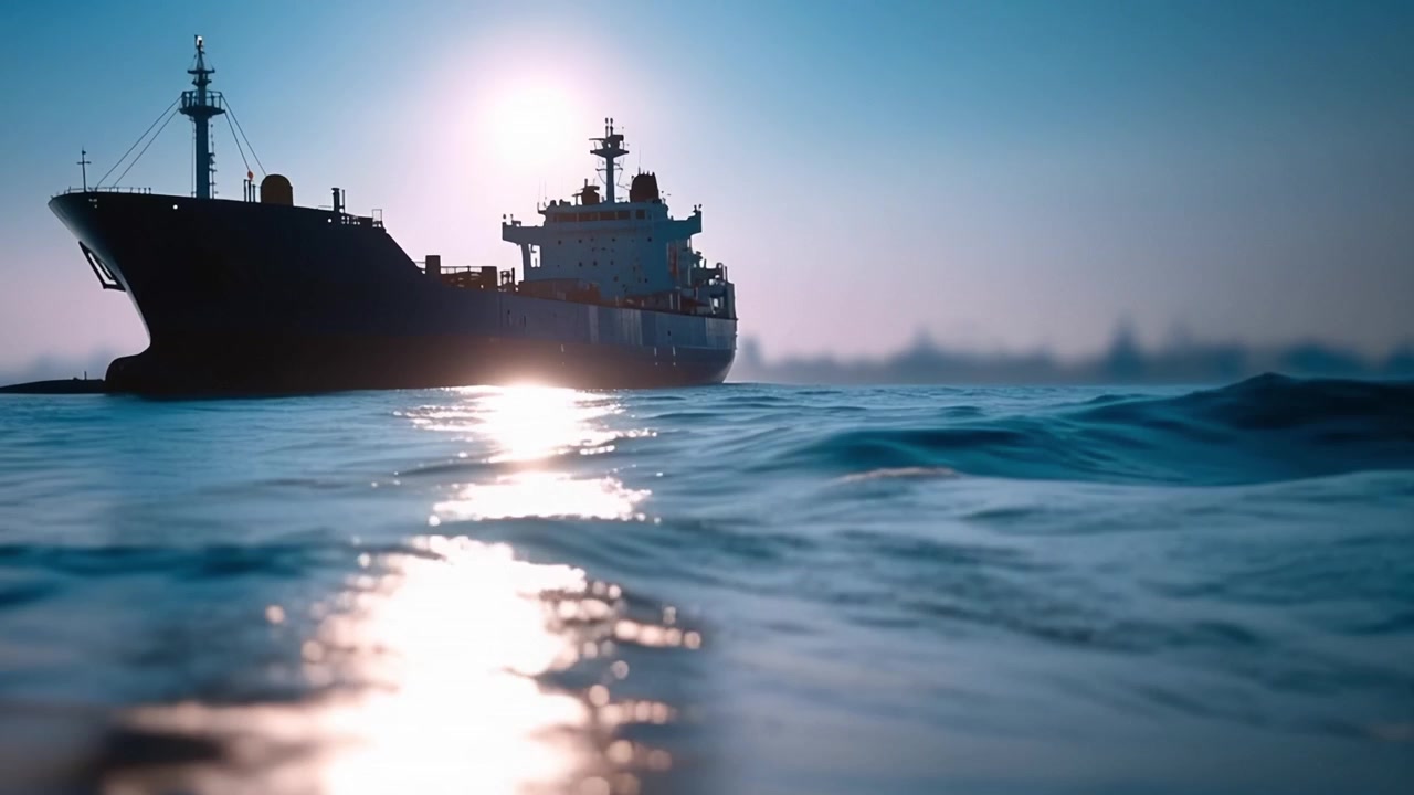 Un majestuoso buque de carga navegando a través de tranquilas olas oceánicas al atardecer, iluminado por suaves reflejos de la luz solar sobre las aguas en calma.