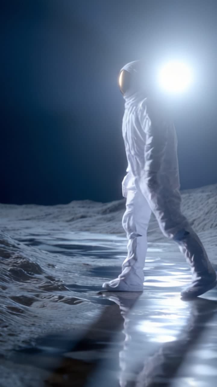 A solitary astronaut explores the lunar surface, reflecting the light of a distant sun amidst the desolate and serene landscape of the moon at night