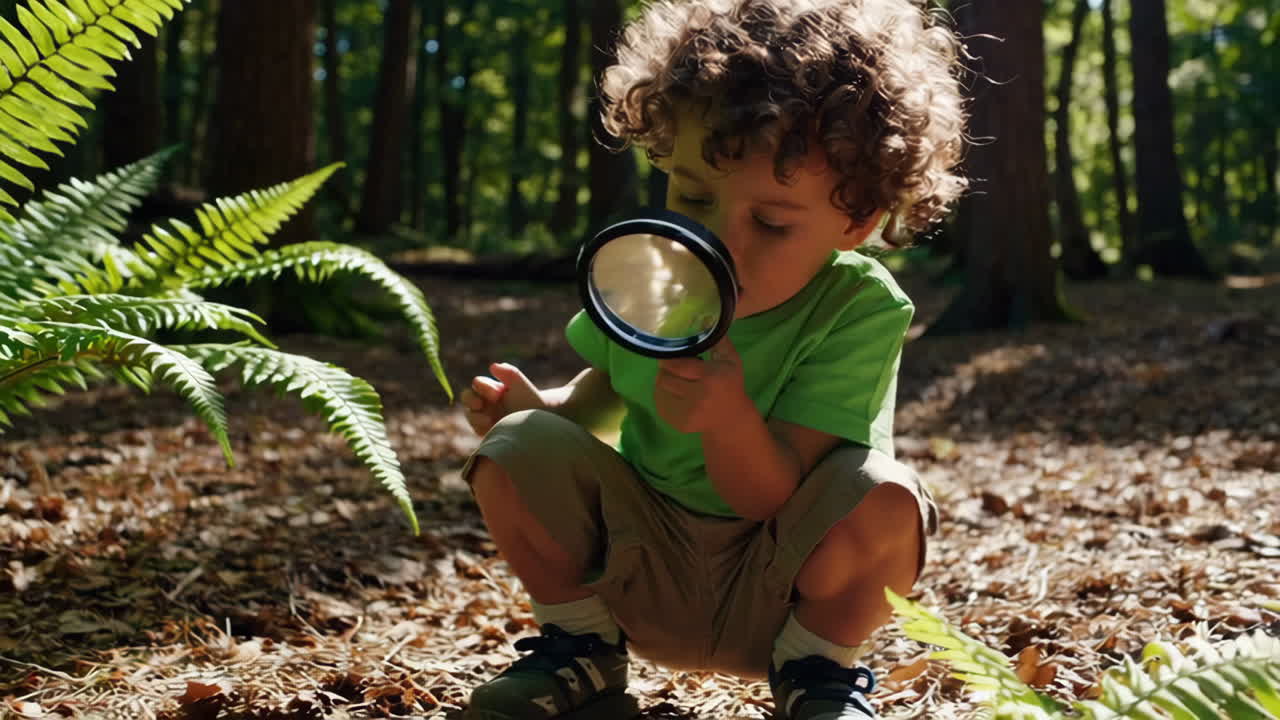 A young child explores a forest with a magnifying glass