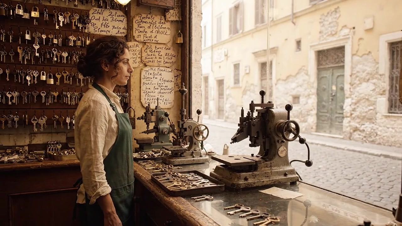 L'atelier d'un serrurier: L'art de fabriquer des clés et des serrures dans un lieu charmant, présentant des outils complexes et une collection de clés magnifiquement organisée