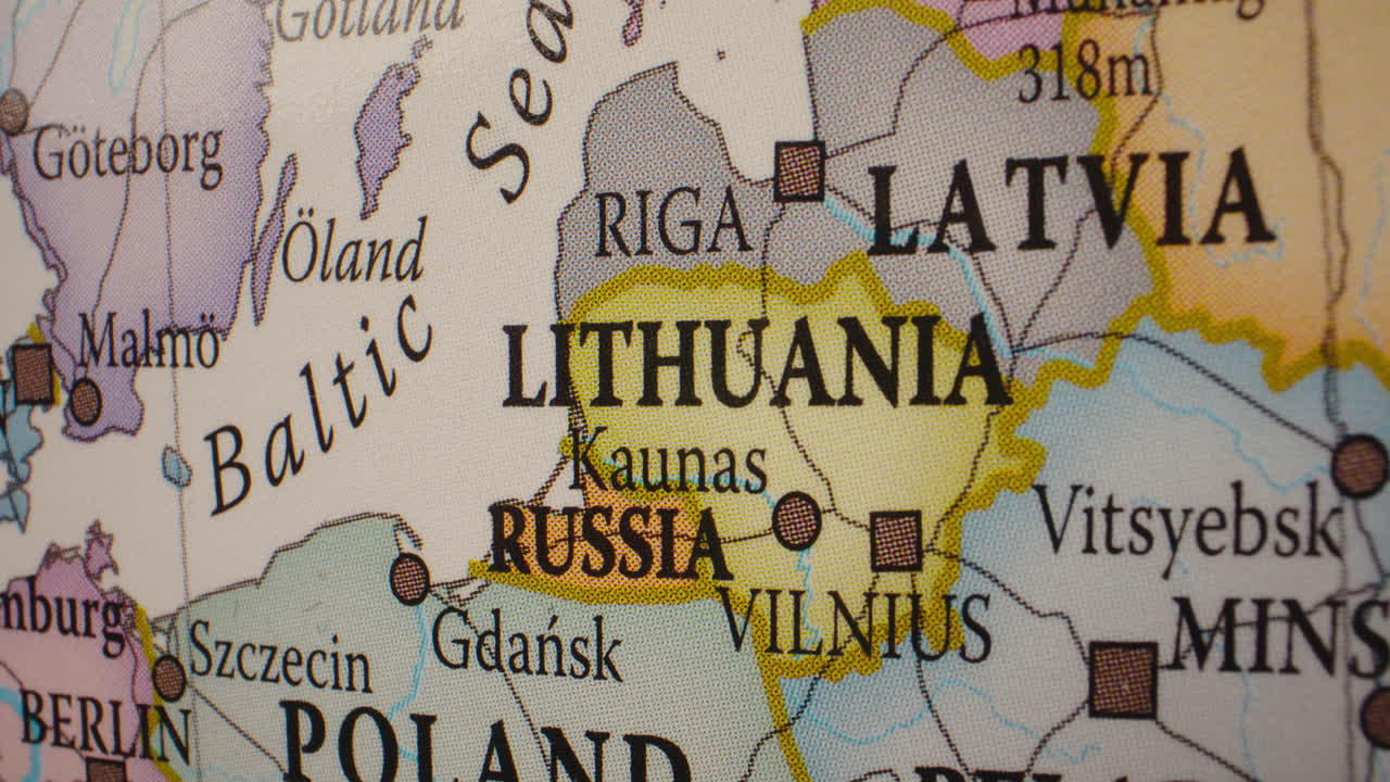 Close-up view of a world map focusing on the Baltic Sea region, including Lithuania, Latvia, and Poland