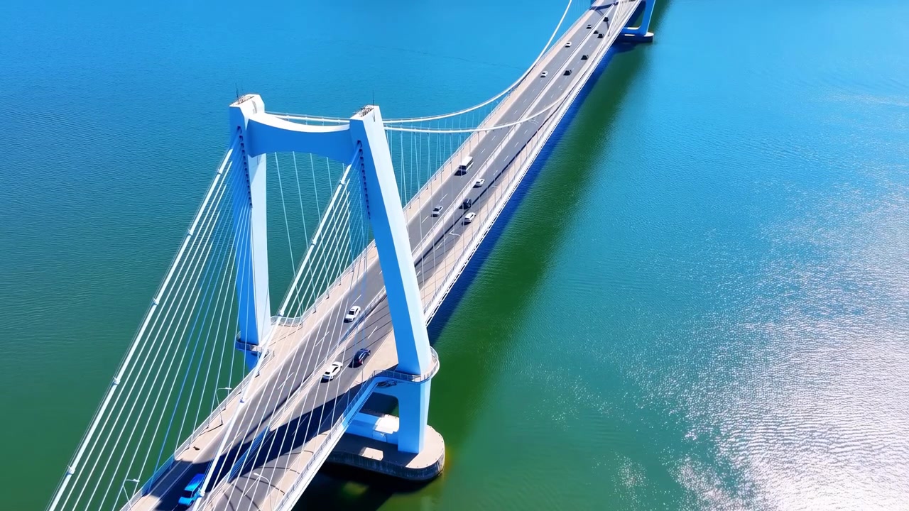 Aerial Bridge Over Turquoise Water With White Cablestayed Towers, Sunlight Glinting On Ripples, Vehicles