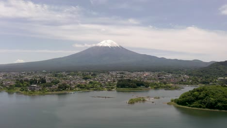 foto aérea del icónico y majestuoso volcán monte fuji con un paisaje pintoresco, el lago kawaguchi y el pico cubierto de nieve en un día soleado en fuji, japón