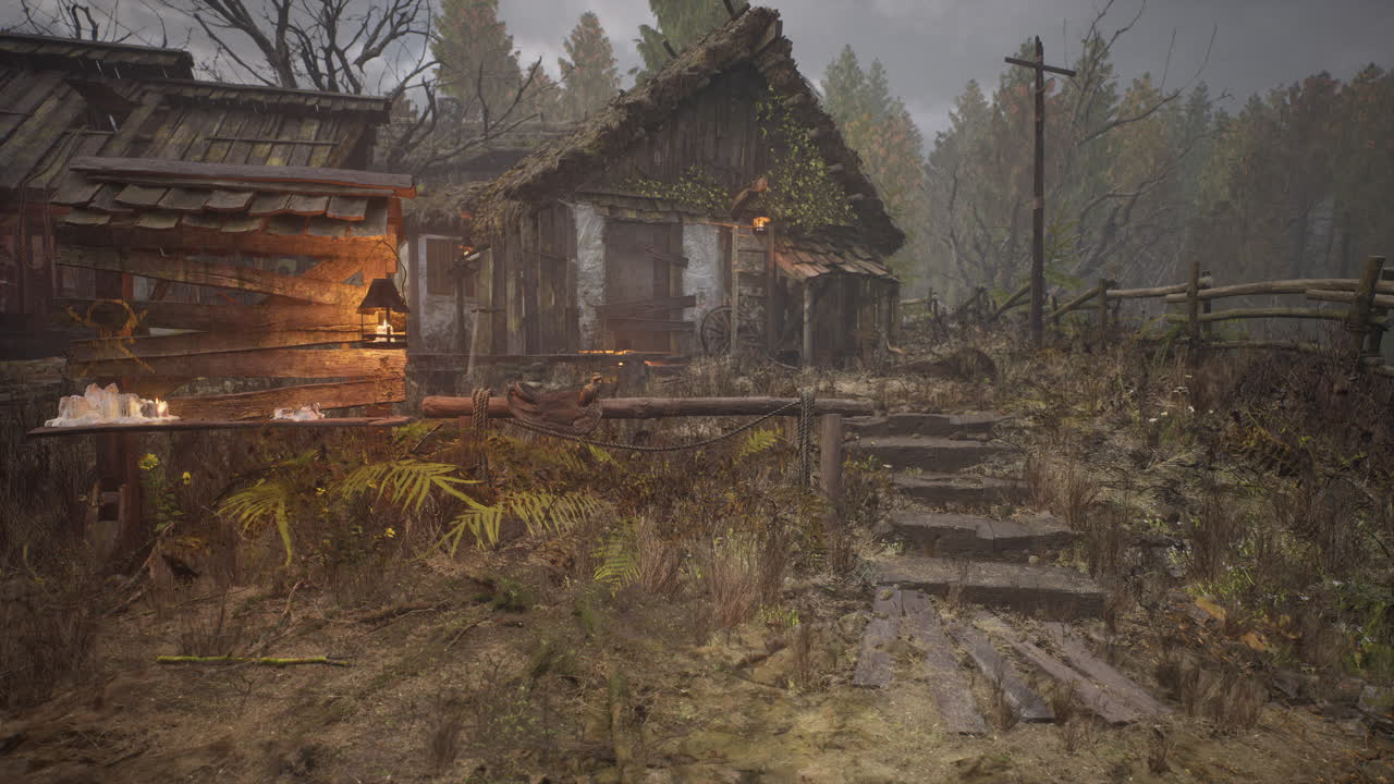 un viejo pueblo con casas en ruinas de madera