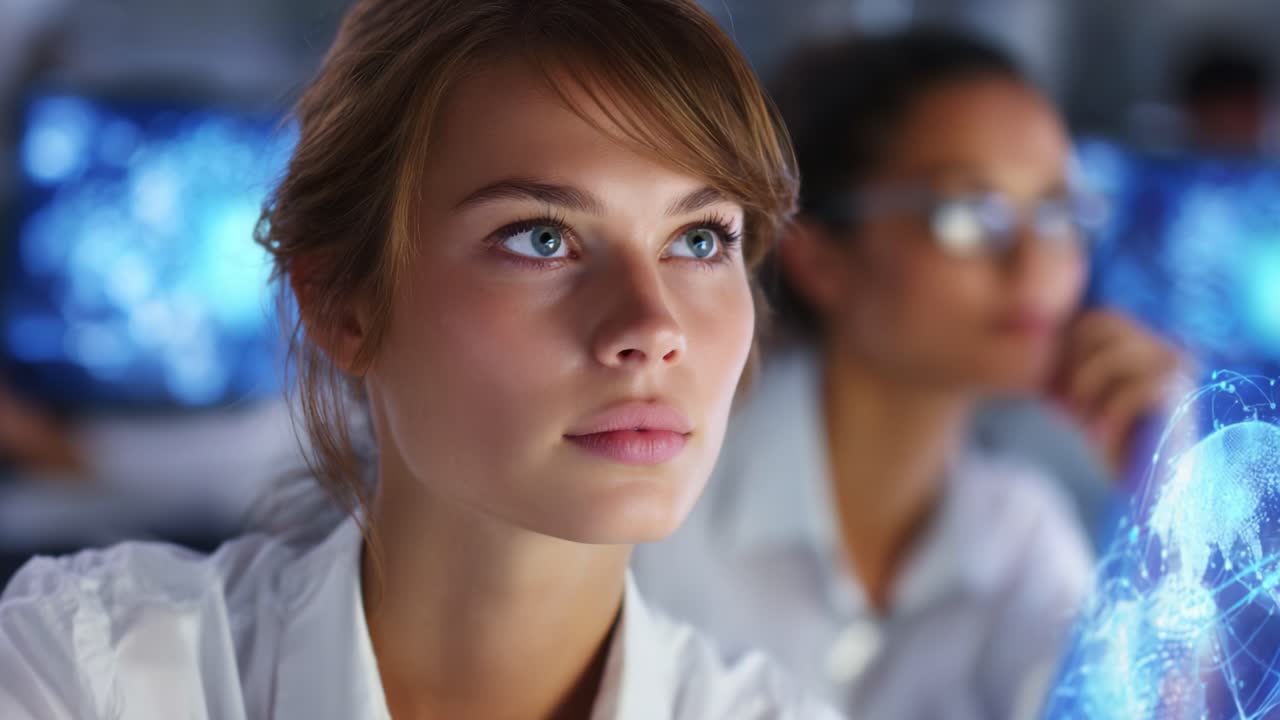 Studentessa concentrata che analizza dati digitali e connessioni globali in un ambiente high-tech con colleghi sullo sfondo