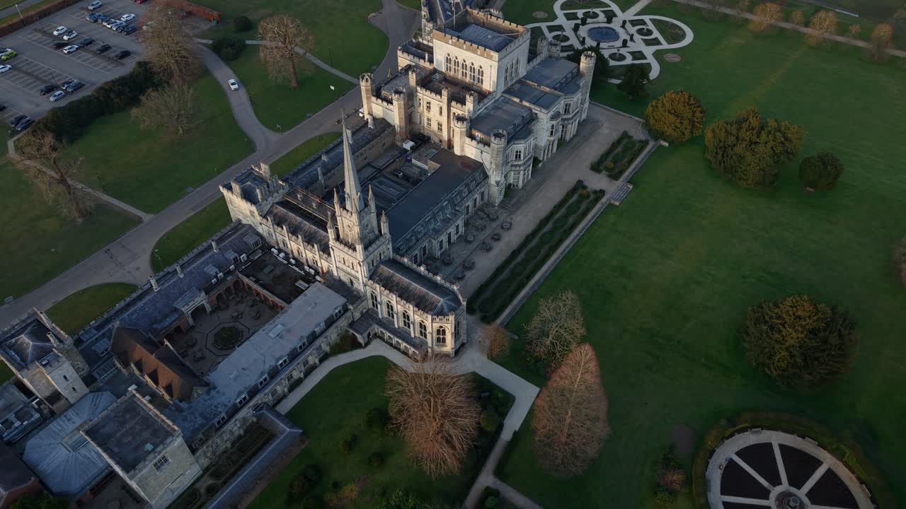 Aerial view of Ashridge House, scenic landscape, calm and historic vibe