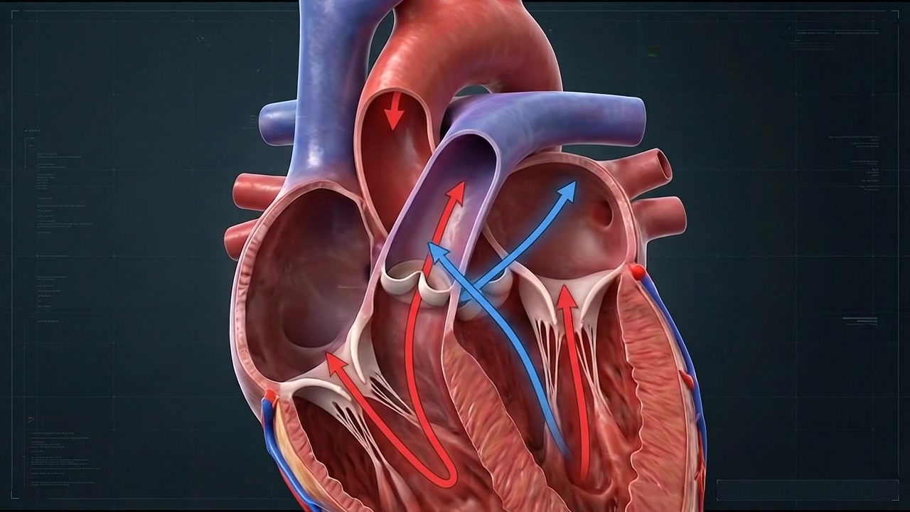 Sezione trasversale dettagliata del cuore umano con camere, arterie e vasi principali