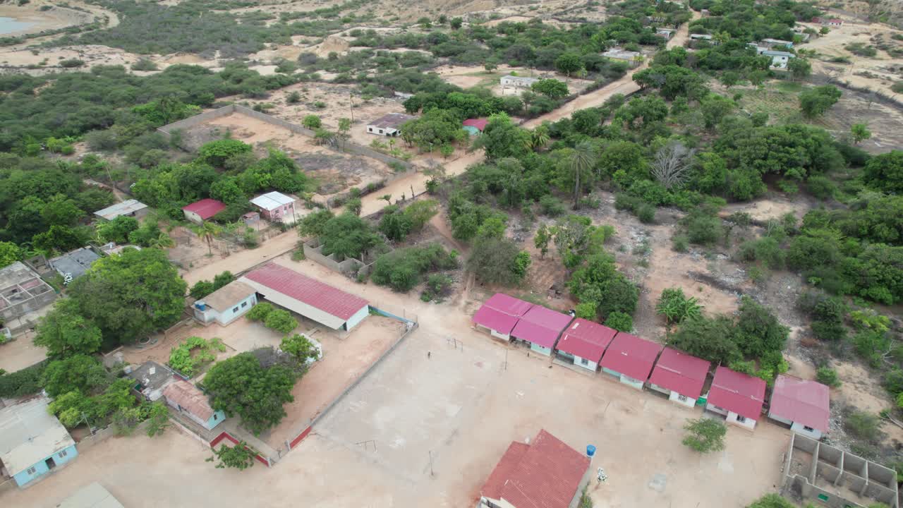 Aerial view of small village houses and community buildings
