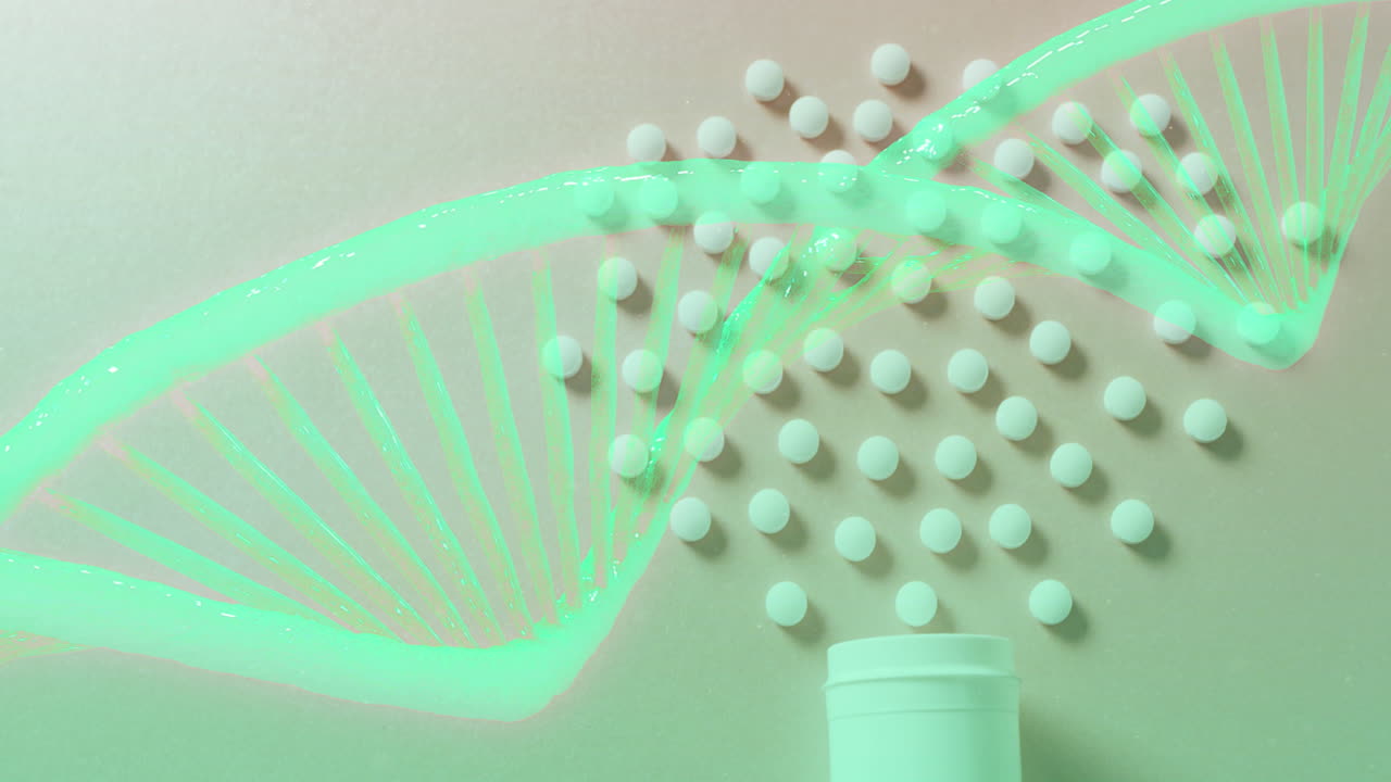 알약 위에 있는 dna 가닥의 애니메이션