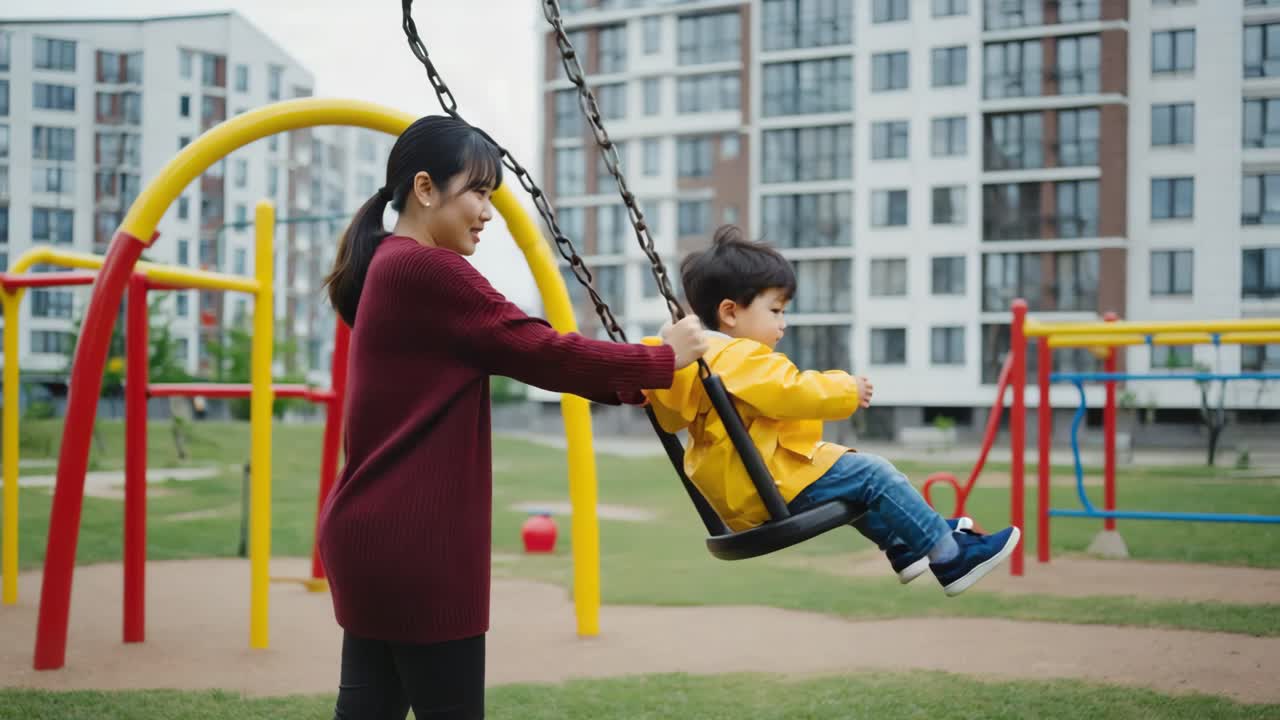 Woman and child playing on a swing at a playground