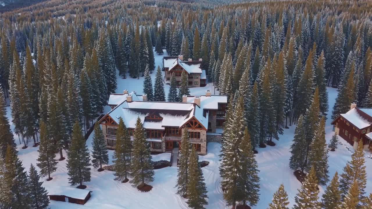 Aerial view of a stunning winter lodge nestled among tall evergreen trees, showcasing snow-covered roofs and serene landscape, capturing the essence of a tranquil winter retreat