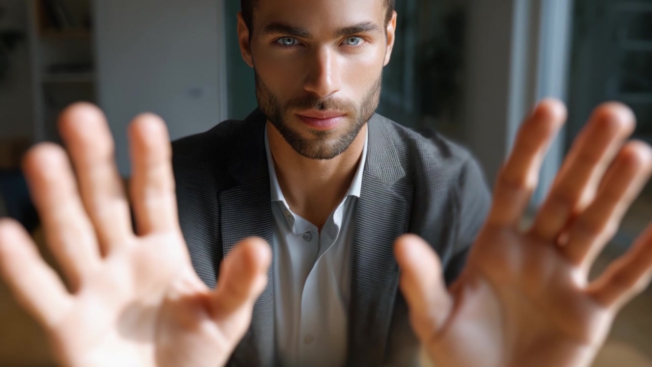 A Focused Man in a Blurred Background Reaches Out with Open Hands, Conveying Emotion and Connection in a Bright, Modern Setting in Two Captivating Frames