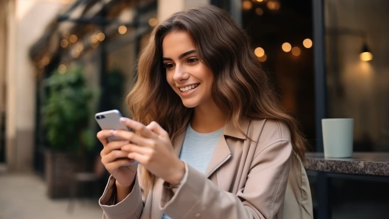 Una giovane donna sorride mentre usa il telefono, immortalata in un piano medio spontaneo.