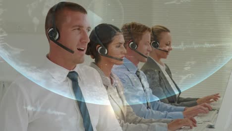 Animation-of-globe-and-connections-over-diverse-business-people-using-phone-headsets