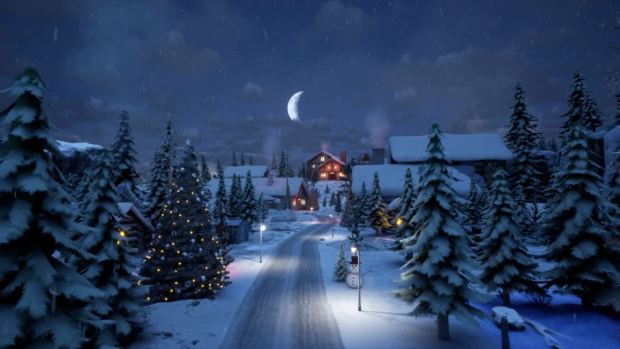 House In Middle Of Snowy Trees, Winter Blue Hour, Snow Falling