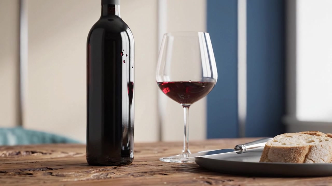 Elegante abbinamento di vino rosso con pane artigianale su un tavolo di legno rustico, che mostra una bottiglia e un bicchiere di vino per un'esperienza culinaria perfetta.