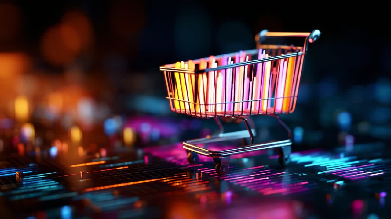 A Vibrant and Futuristic Shopping Experience Depicted Through a Metal Shopping Cart on a Colorful Digital Background, Symbolizing E-commerce and Modern Retail Trends