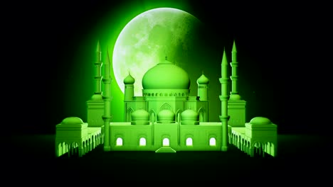 beautiful mosque and big rotating moon on night star sky. ramadan kareem islamic motion background. 3d animation.