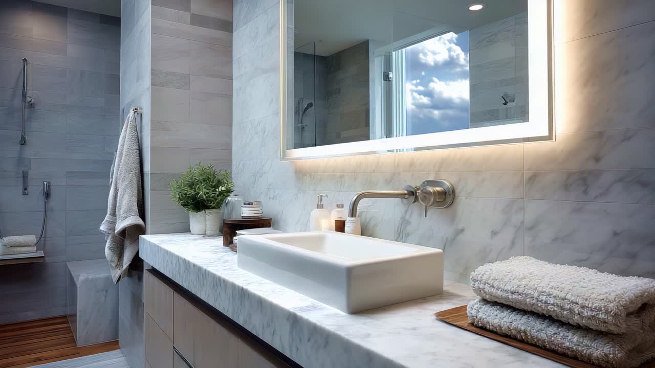 Design moderno per il bagno con elegante piano in marmo, arredamento minimalista e illuminazione naturale soffusa per un'atmosfera da spa in case contemporanee