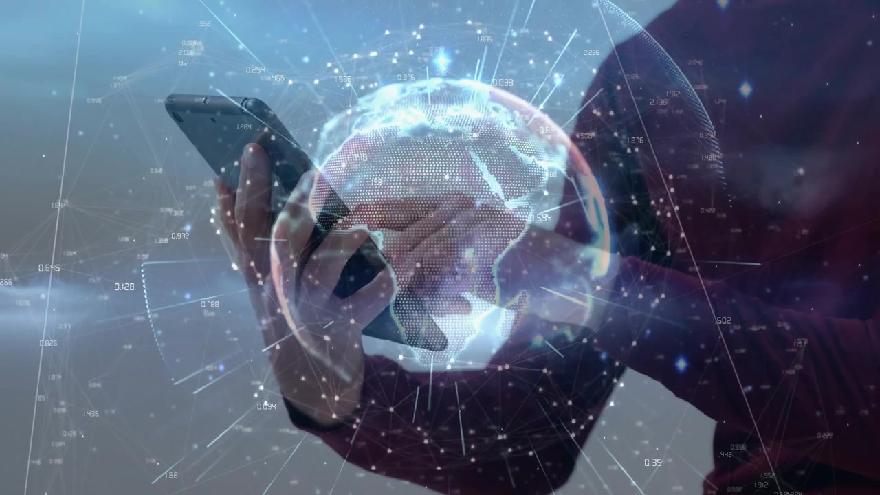 Homem adulto tocando smartphone e ativando globo 3D com nós de dados, linhas para insights de negócios