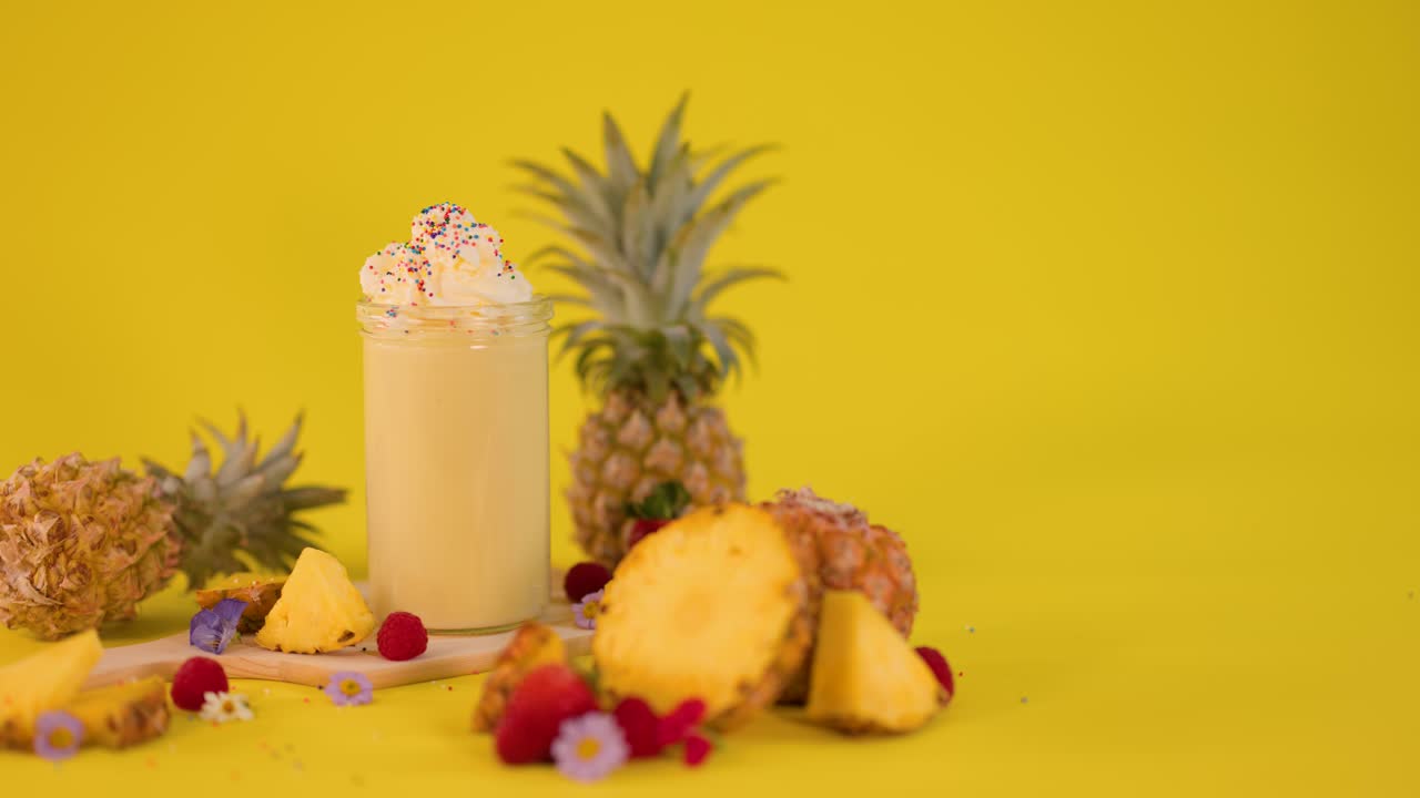Hand adds cherry to creamy pineapple milkshake, surrounded by fresh fruit, under bright studio lighting
