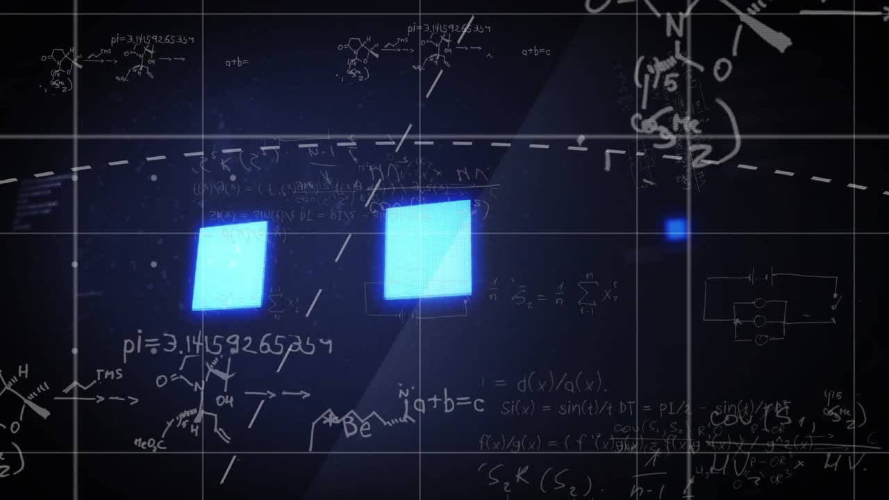 Mathematical equations and blue squares over dark background with grid lines