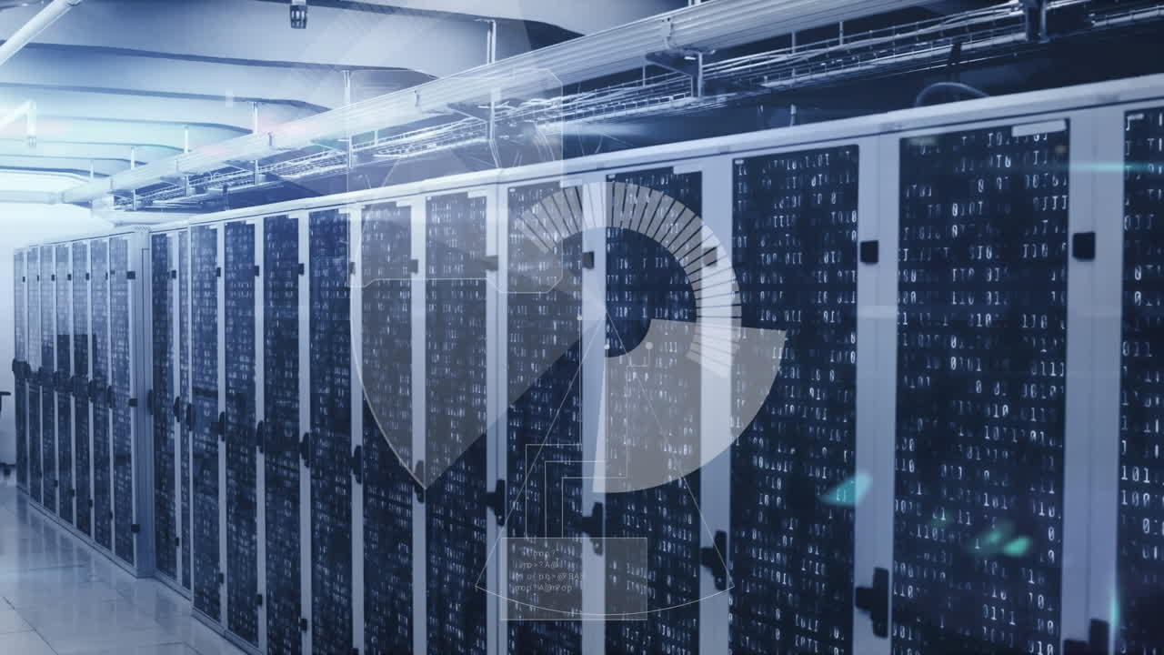 animación del escaneo del alcance y el procesamiento de datos en la sala técnica con servidores informáticos