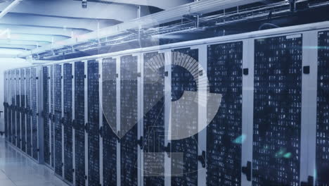 animación del escaneo del alcance y el procesamiento de datos en la sala técnica con servidores informáticos