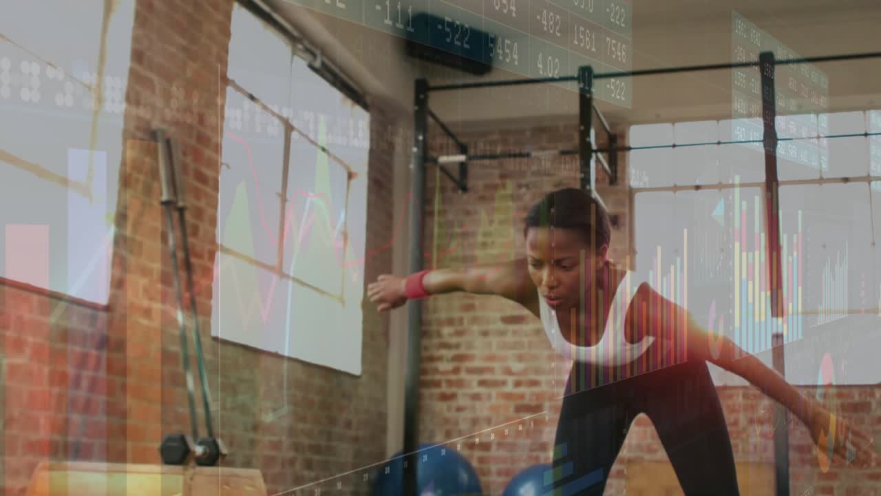 Woman starting bent over barbell doing rotating reaches, warming up with fitness charts tracking