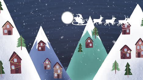 Animation-of-snow-falling-over-santa-claus-in-sleigh-pulled-by-reindeers-and-winter-landscape