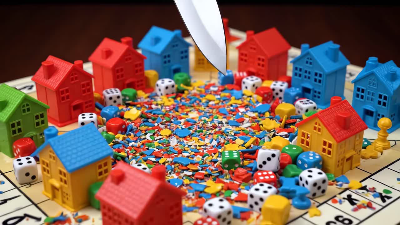 Monopoly board game with shredded plastic and knife