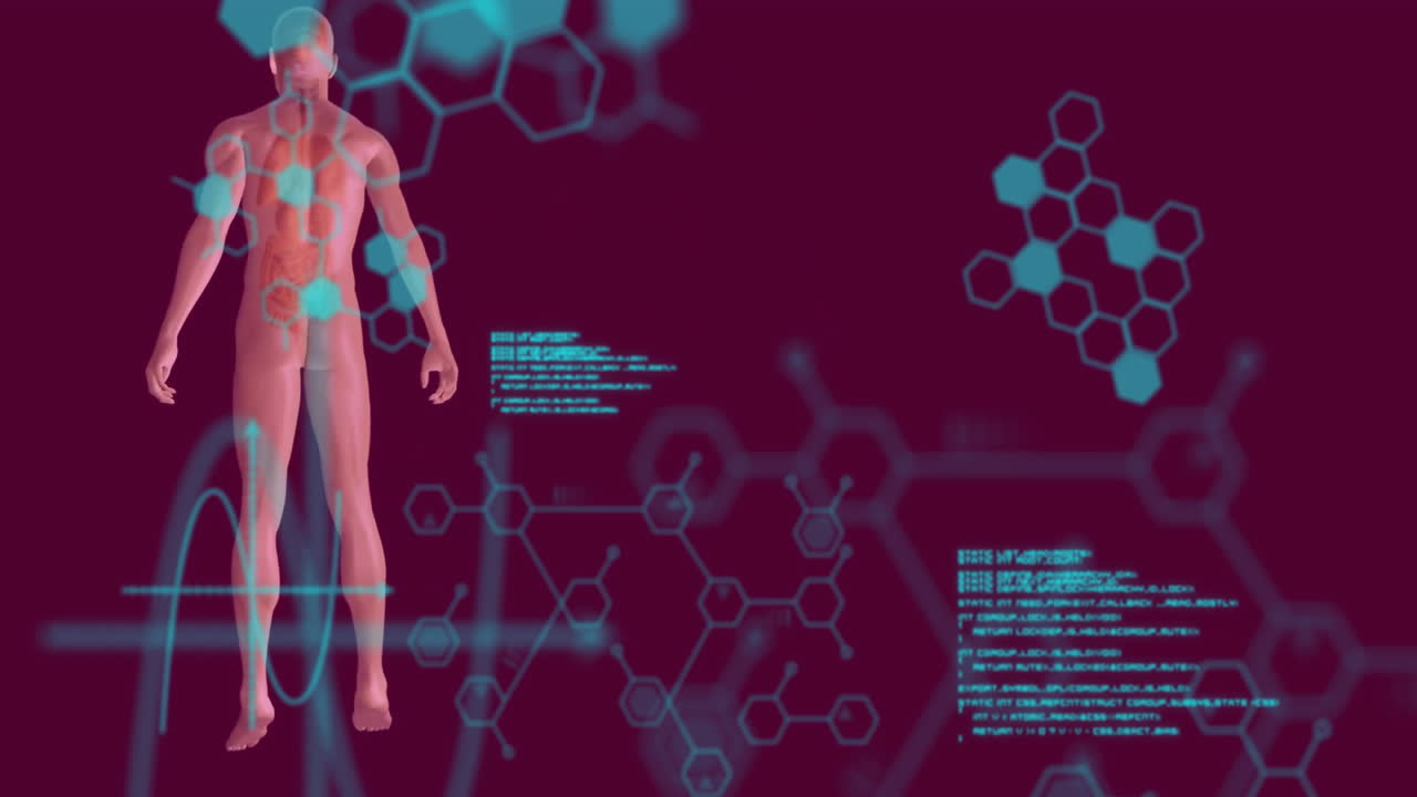 Animazione di elaborazione dati su un essere umano digitale e una formula chimica