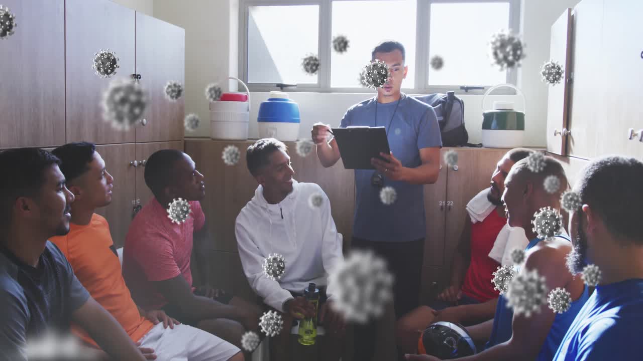 변기실에서 코치와 함께 남성 축구 선수들의 다양한 그룹에 대한 바이러스 세포의 애니메이션