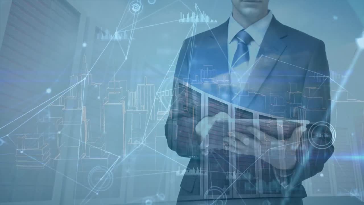 태블릿을 가진 백인 사업가에 대한 데이터 처리 애니메이션