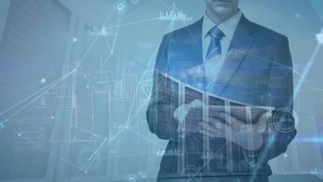 animation of data processing over caucasian businessman with tablet