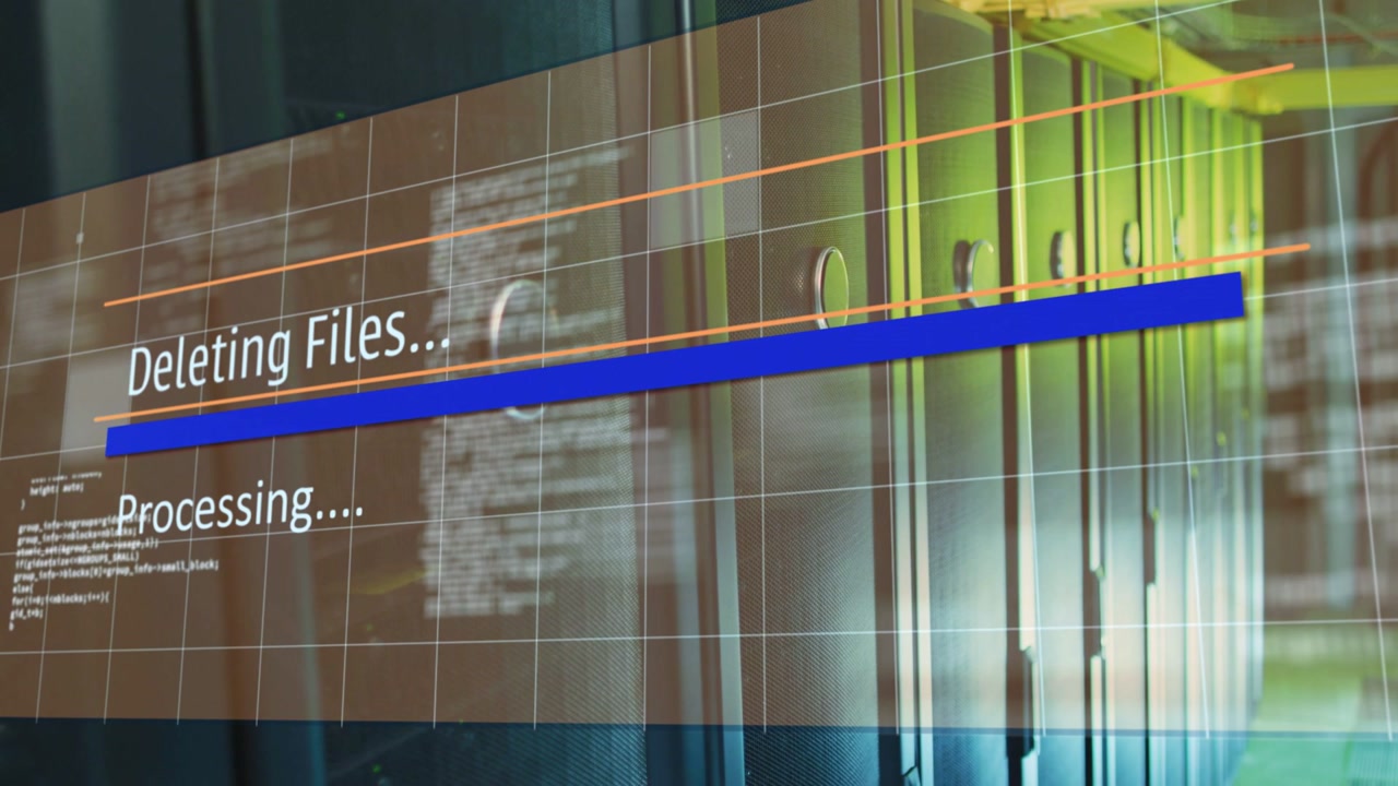Delete command appearing, projected UI showing Processing, progress bar growing, revealing racks